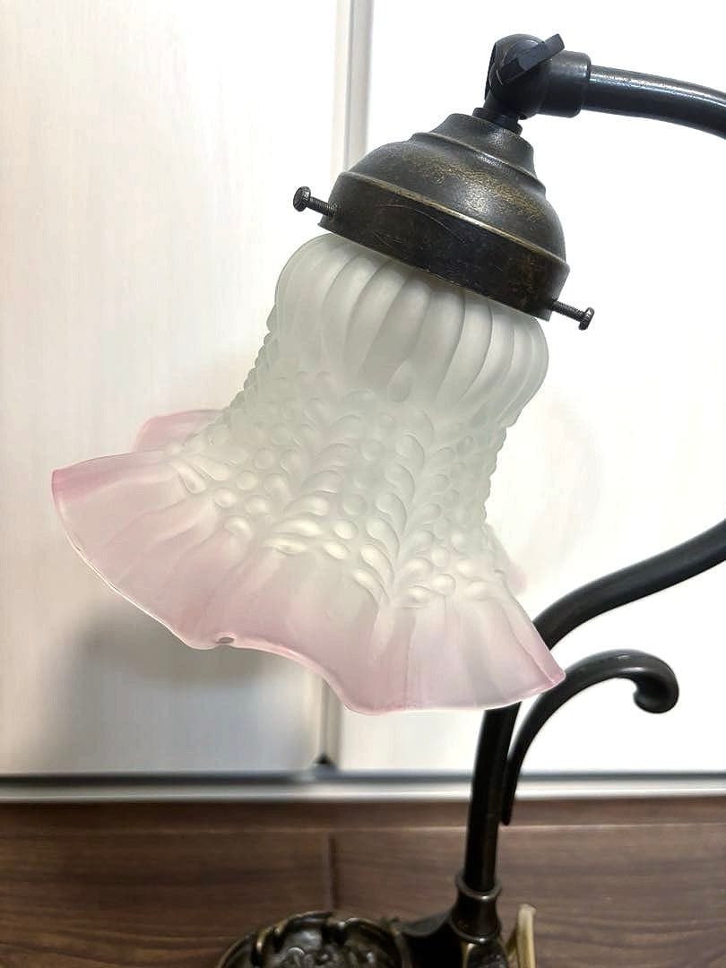 美品 アンティーク フランス スタンド フラワー ランプ ピンク 真鍮 ガラス
