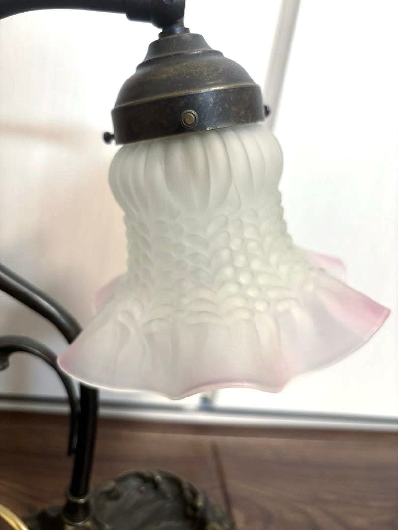 美品 アンティーク フランス スタンド フラワー ランプ ピンク 真鍮 ガラス