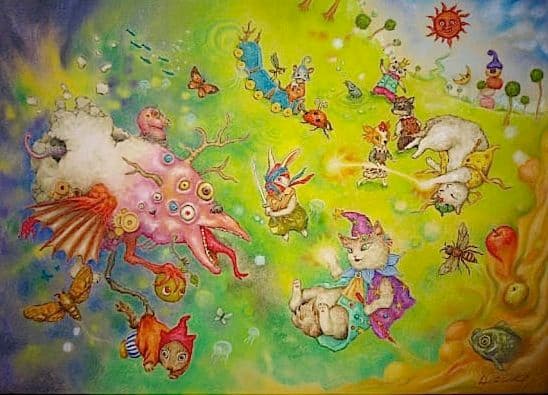 ✴️特別価格【原画】『夢幻界侵入者』（猫　犬　動物　絵画　パステル画　風景画）