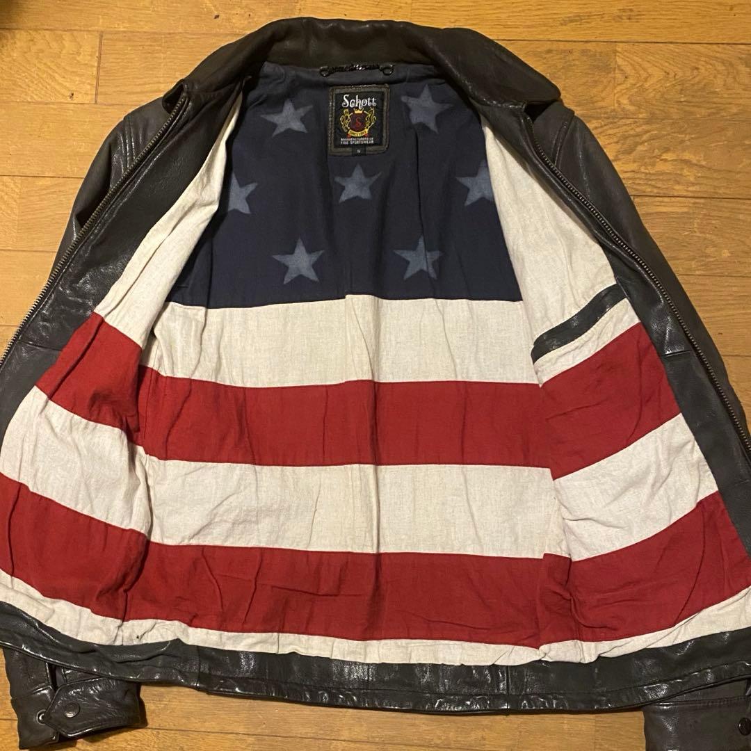 Schott シングル ライダースジャケット ゴートレザー　ブラック/ 星条旗