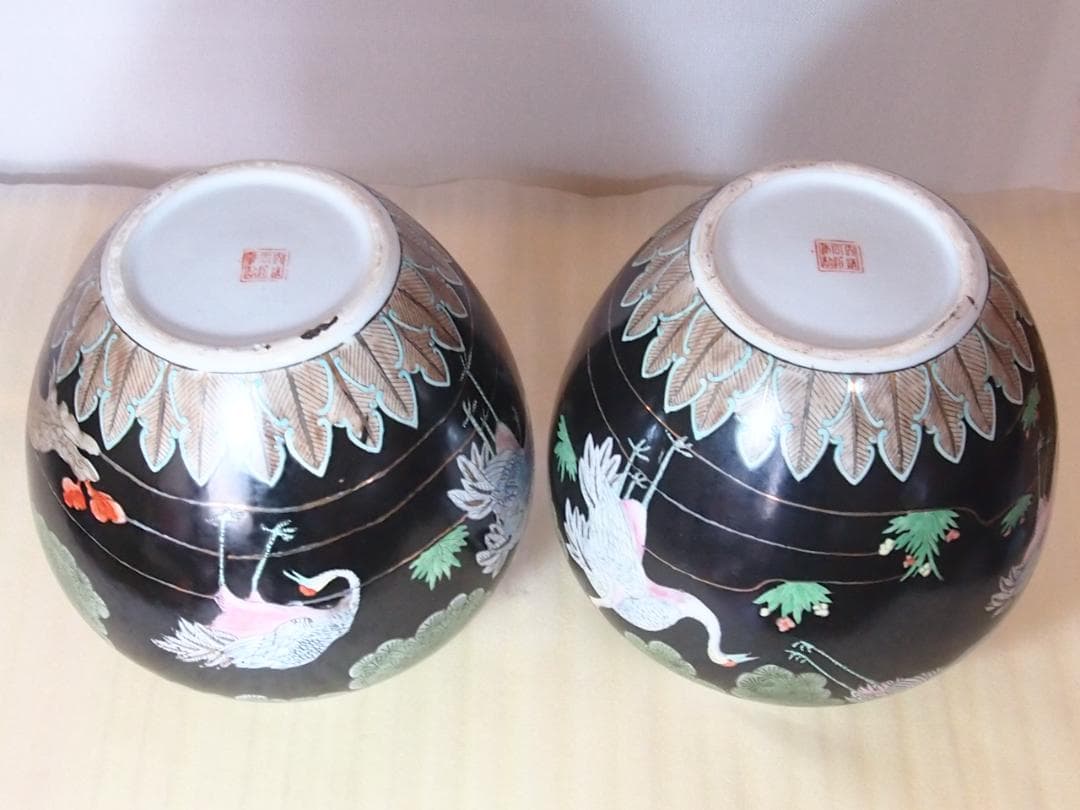 【時代の美品】中国古玩 大清同治年製 花瓶 一対/2個 雲松鶴図 壺/つぼ/花器