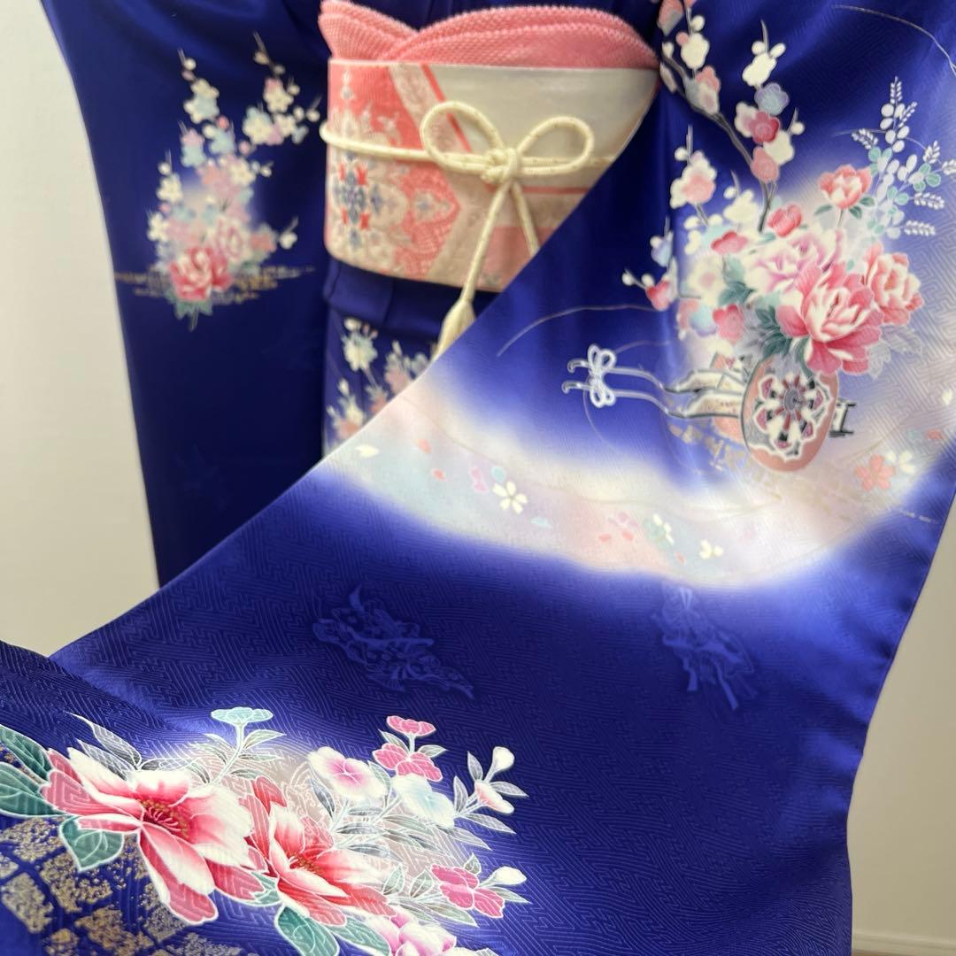 456 振袖フルセット 正絹 紺 青 ブルー ピンク 桃 金彩 暈し染め 華やか