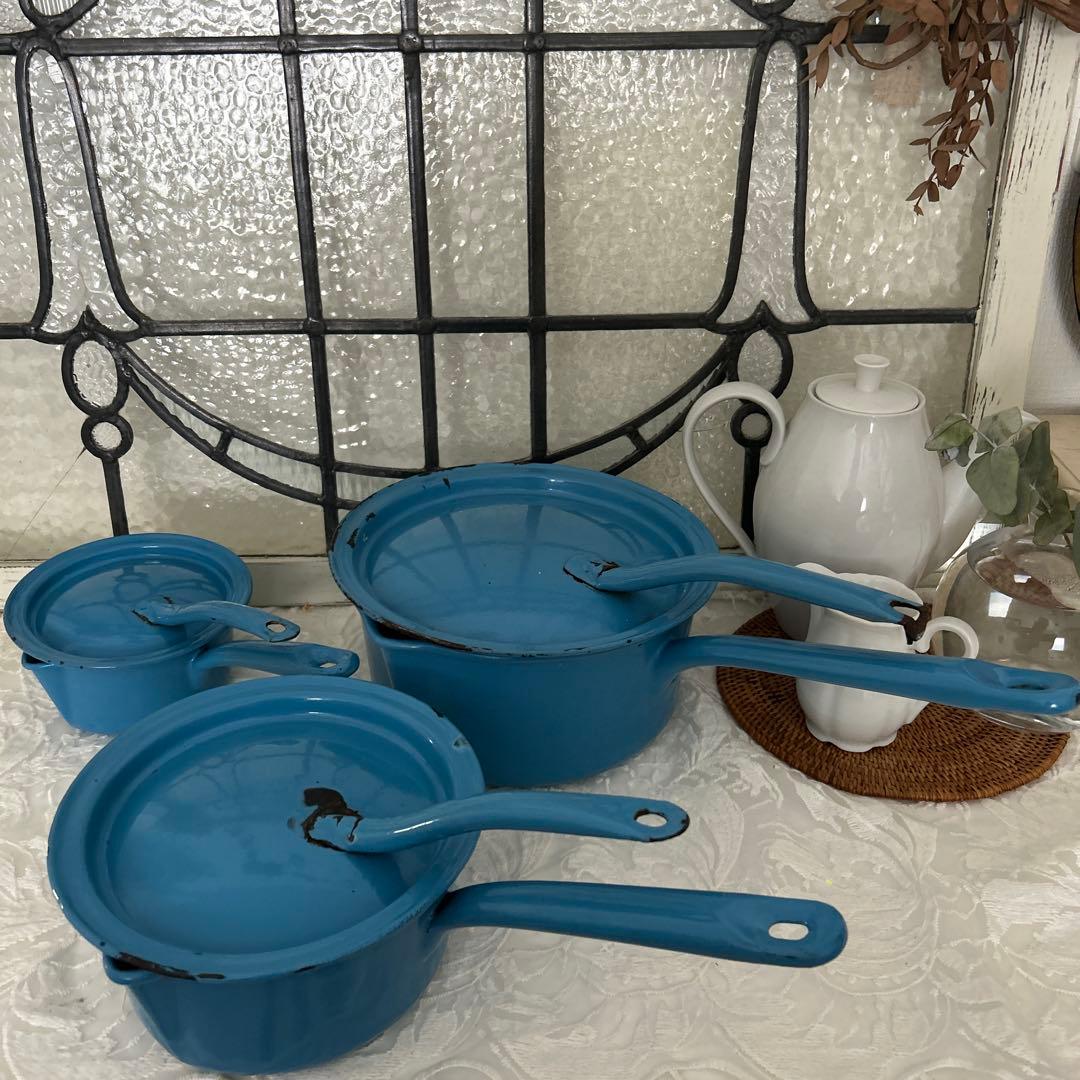 フランスアンティーク ホーロー ミルクパン ソースパン 片手鍋 蓋付 3点セット