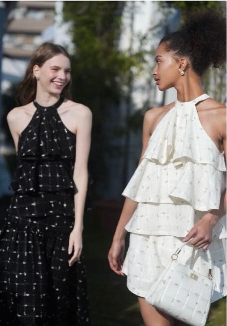 candy check tweed ruffle frill topsホワイト