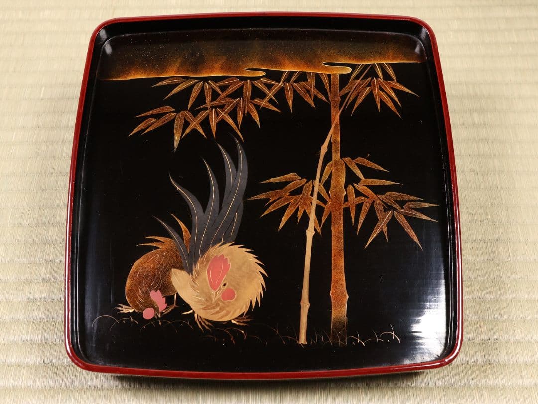 木製漆器 竹鶏蒔絵 吸物膳 五客 溜塗 黒塗 足付 四方膳 茶懐石 CM386