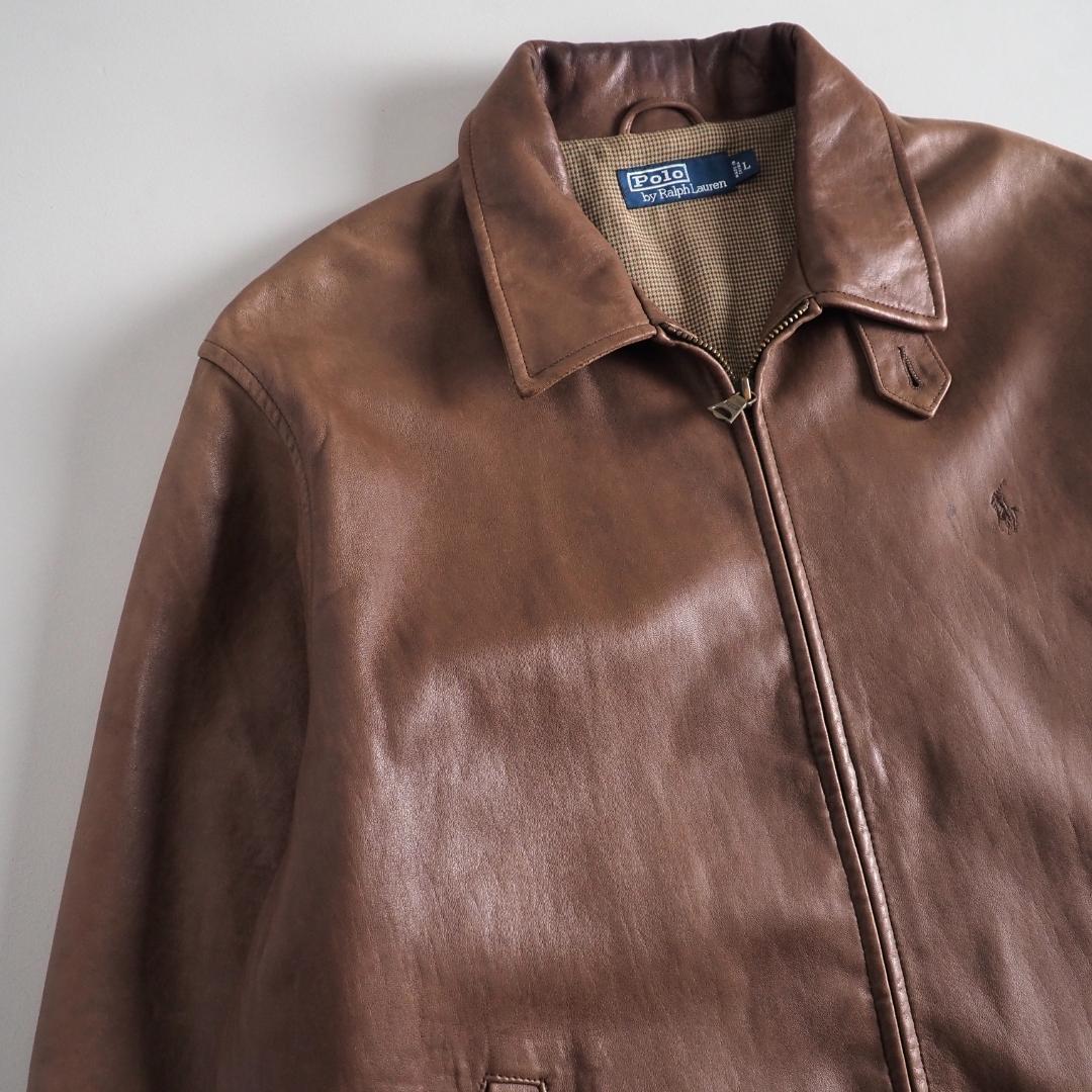 ラルフローレン　羊皮　レザージャケット　ブラウン　裏地チェック