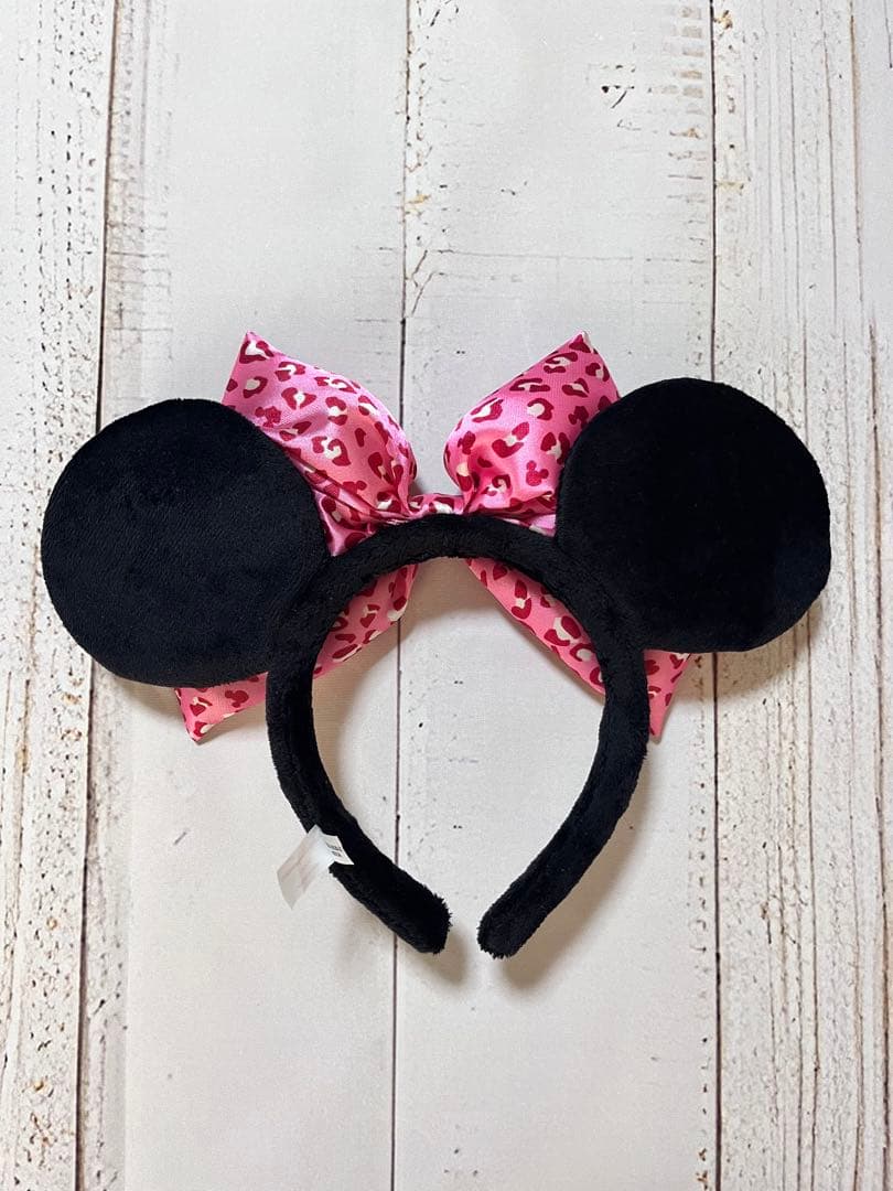 ミニー カチューシャ ヒョウ柄 リボン付き ピンク