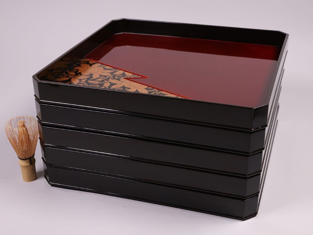 【CM371】加賀描金師 仙石可峰作 花唐草 隅切四方膳 五客 木製 折敷