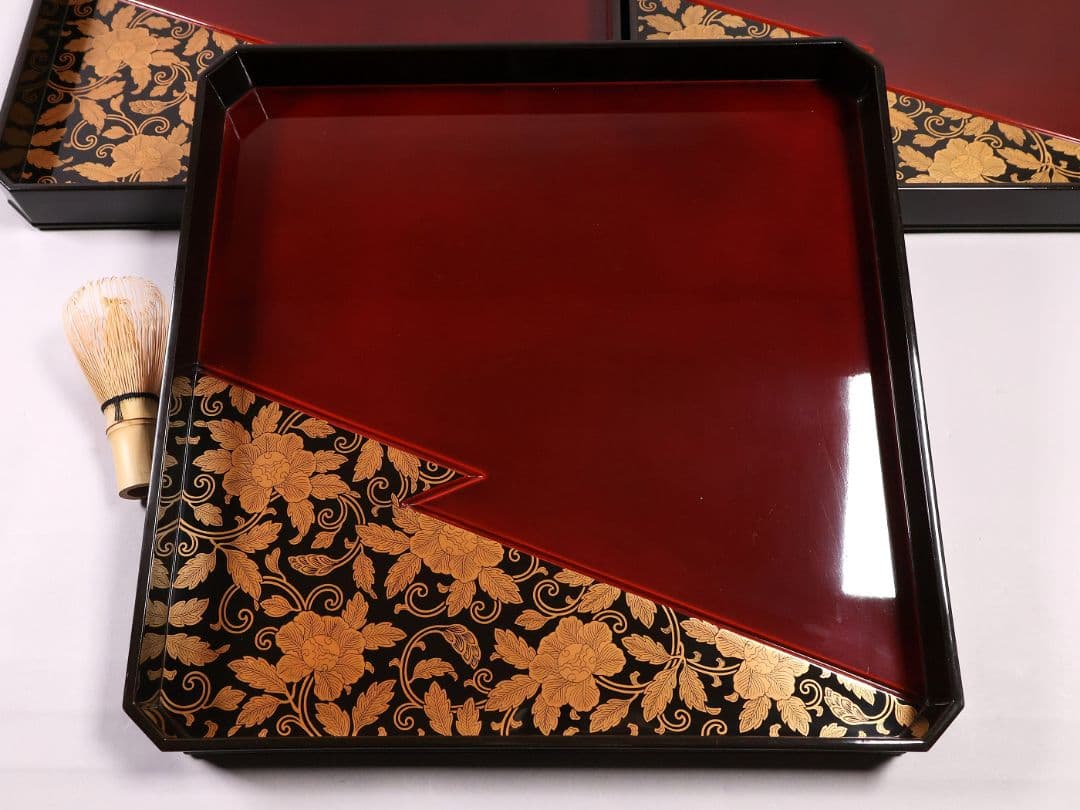 【CM371】加賀描金師 仙石可峰作 花唐草 隅切四方膳 五客 木製 折敷