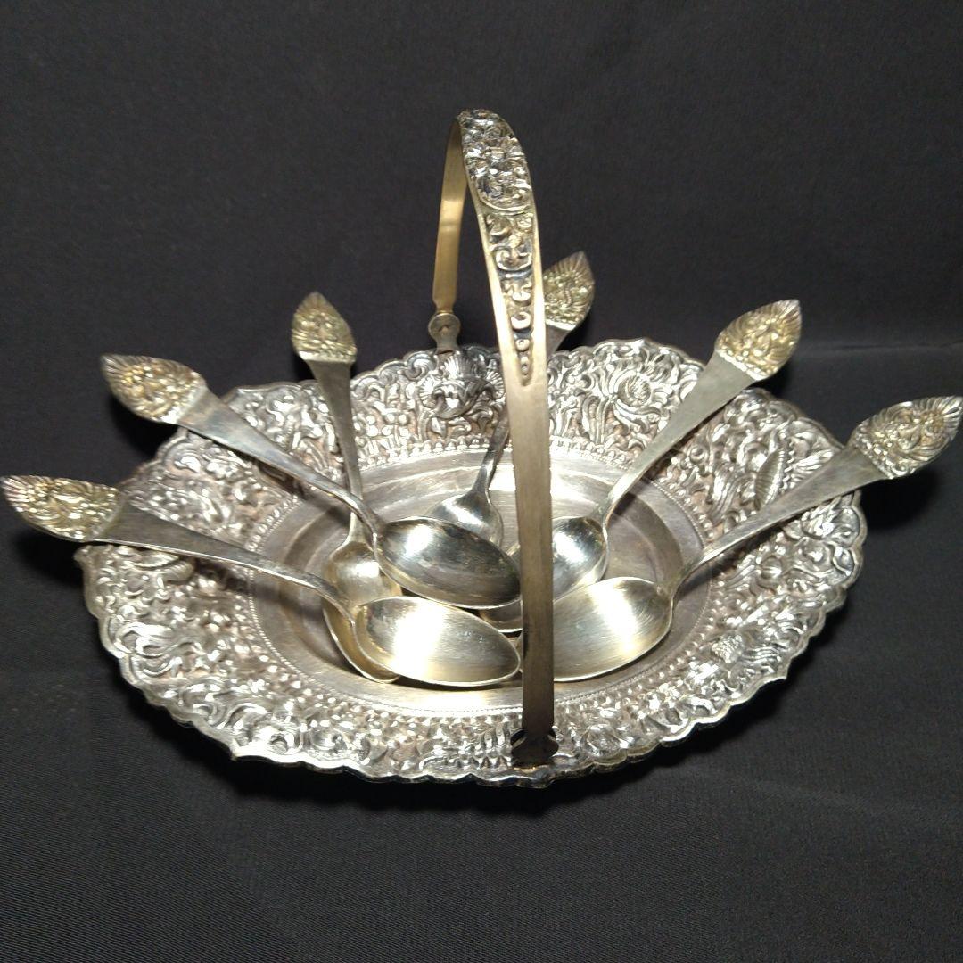 銀製　彫金　ハンドル付きバスケット　スプーン　セット