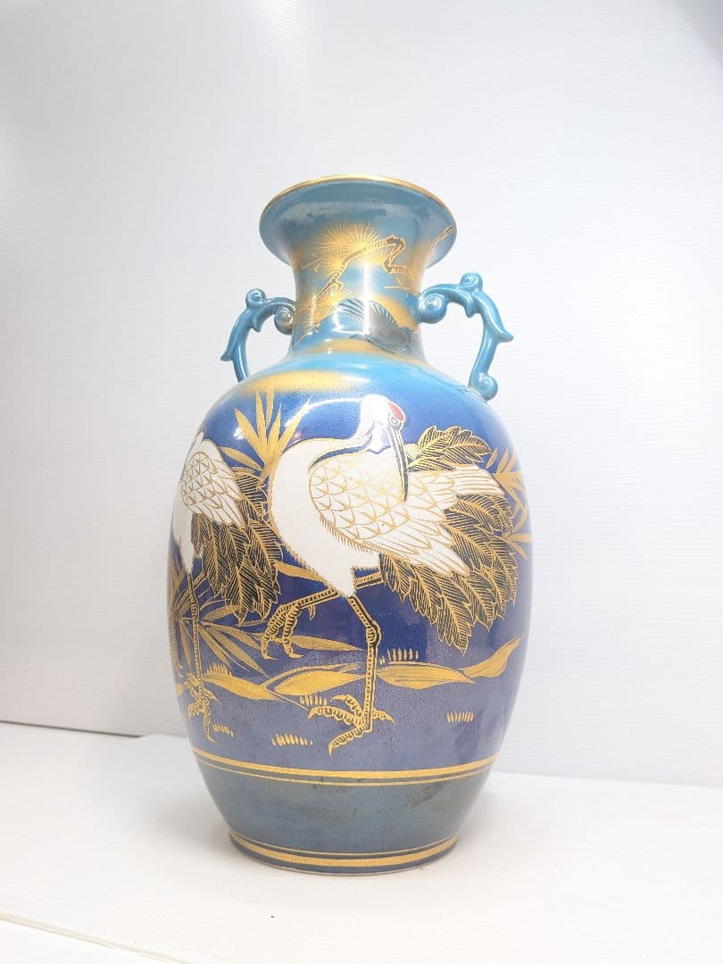 P646 九谷焼 玉浪 鶴松絵 花瓶 花器 金彩 青系 華道 茶道 インテリア