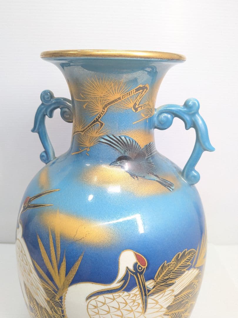 P646 九谷焼 玉浪 鶴松絵 花瓶 花器 金彩 青系 華道 茶道 インテリア