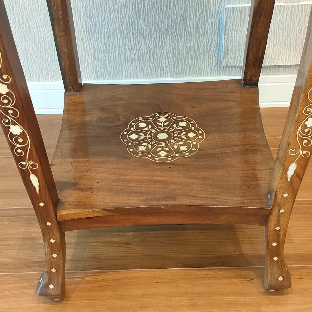 アンティーク　花台　象嵌　サイドテーブル　猫脚　棚付き