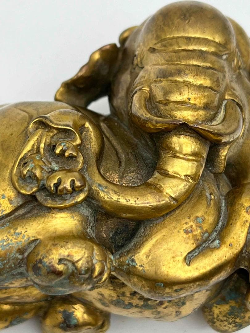 清時代　金銅象雕 鎮紙 文鎮　銅塗金　細密細工　神獣　蒐集家放出(F-80)