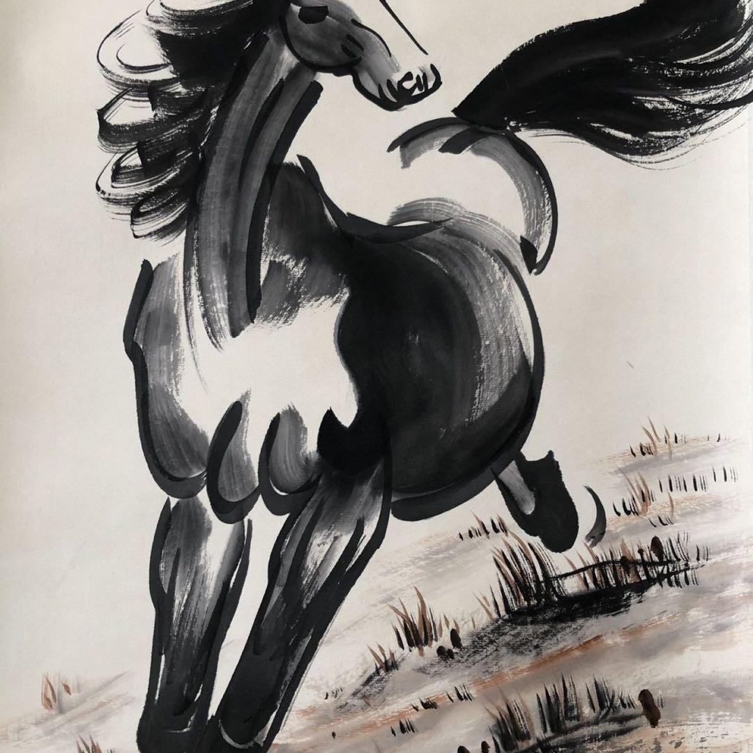 徐悲鴻 馬図 四条屏 純手描き 水墨画 表装済み（4枚セット）