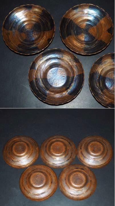 送料無料　秀逸作　『水の音』手打ち銅製茶托５客　作家物　共箱　径8.4ｃｍ