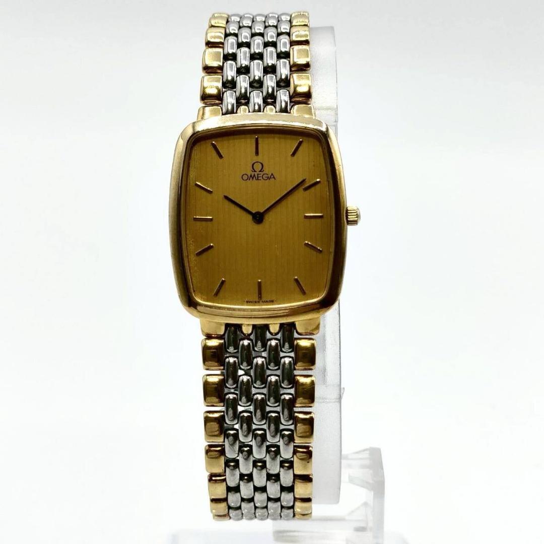 稼働品 OMEGA DeVille スクエア ゴールド文字盤 クォーツ コンビ
