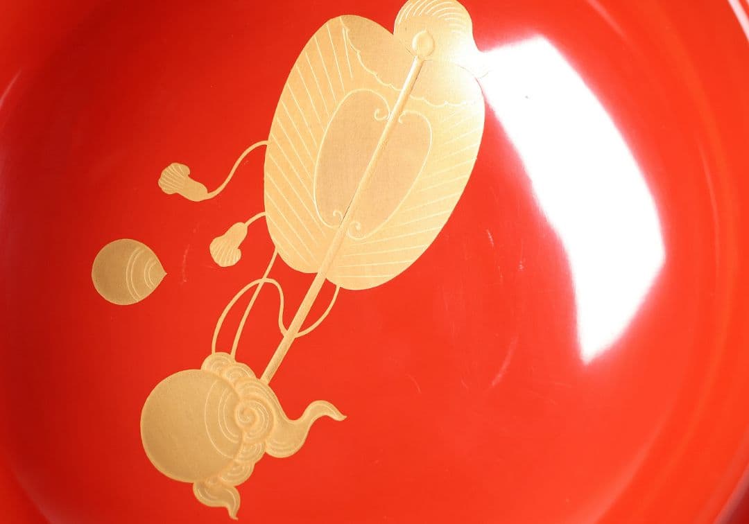 【MB36】輪島塗 宝尽くし金蒔絵 朱塗椀 三客 小槌 軍配 霊芝 木製漆器