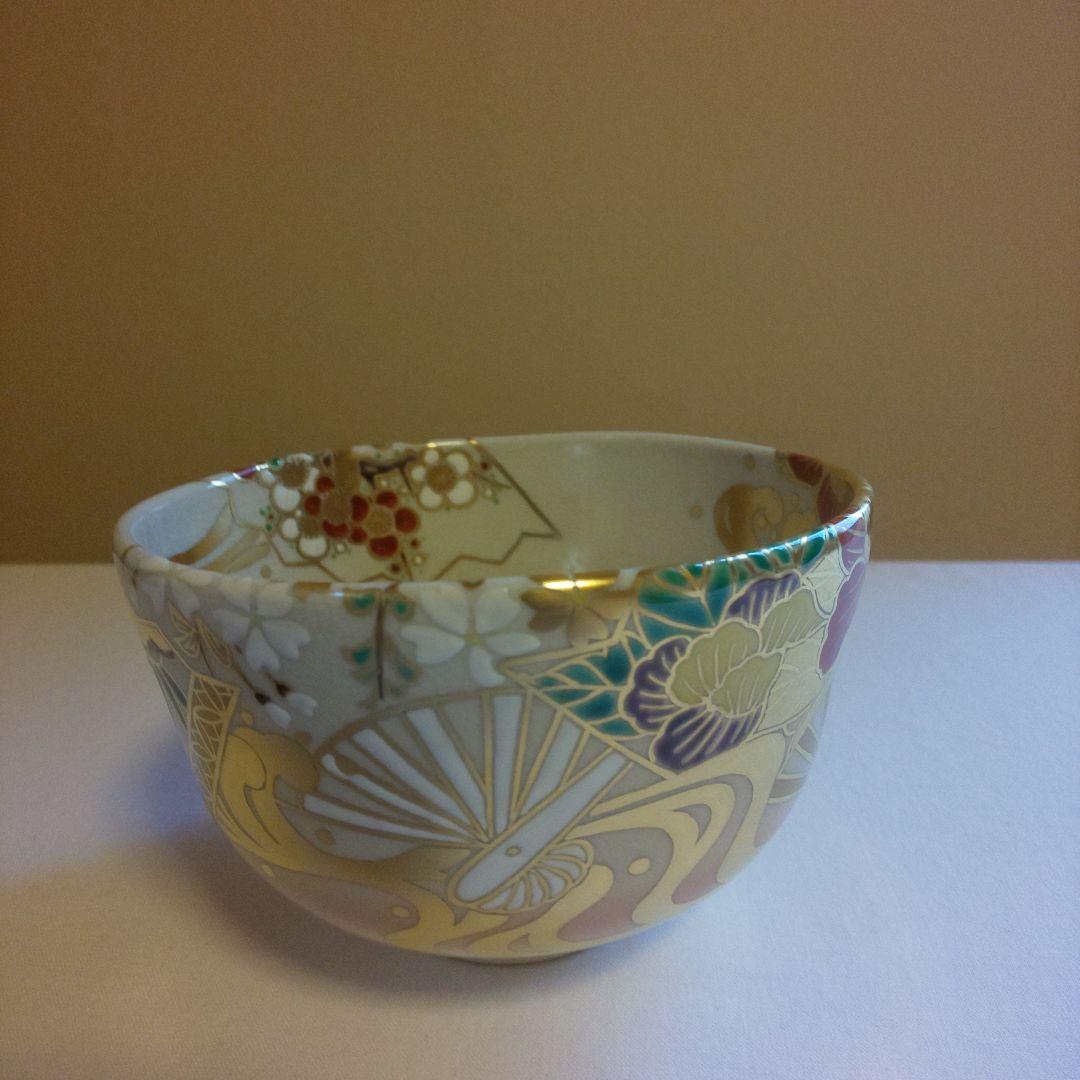 A 194 色絵扇面茶碗 押小路窯 ( 新品未使用品 )
