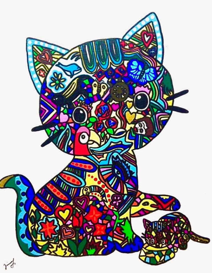 【F6号】ジミー大西（ネコ）手描き/表裏サイン有り/油彩/アクリル/額縁/可愛い