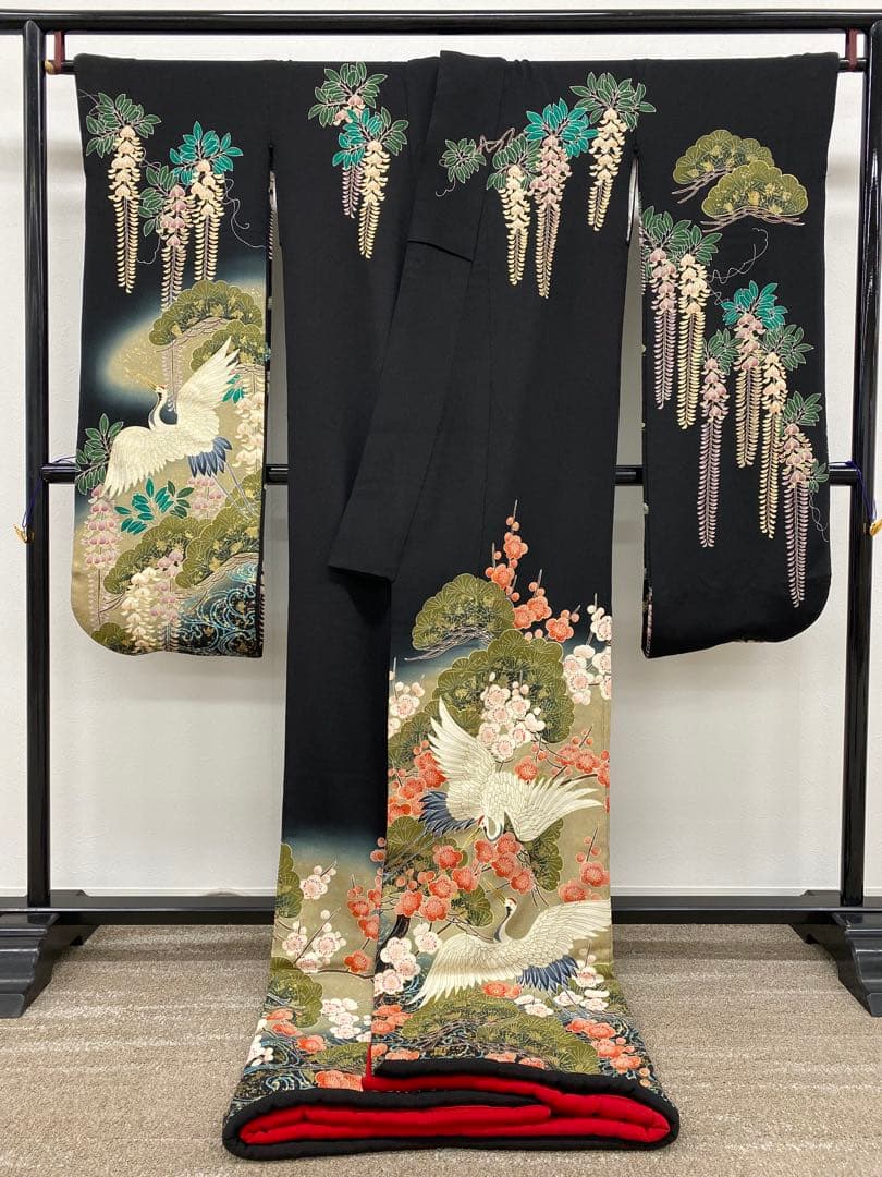 引き振袖 婚礼 花嫁用 鶴 藤 ちりめん比翼付き 正絹 身丈193cm