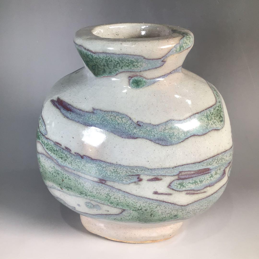 Ｎ６０５　扁壺　『益子窯　木村充造』『青釉流文』『花生』　共箱　花器