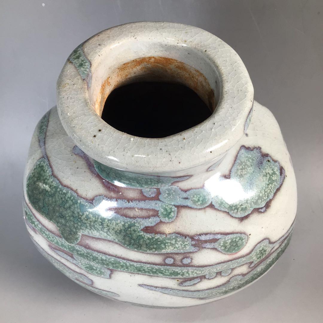 Ｎ６０５　扁壺　『益子窯　木村充造』『青釉流文』『花生』　共箱　花器