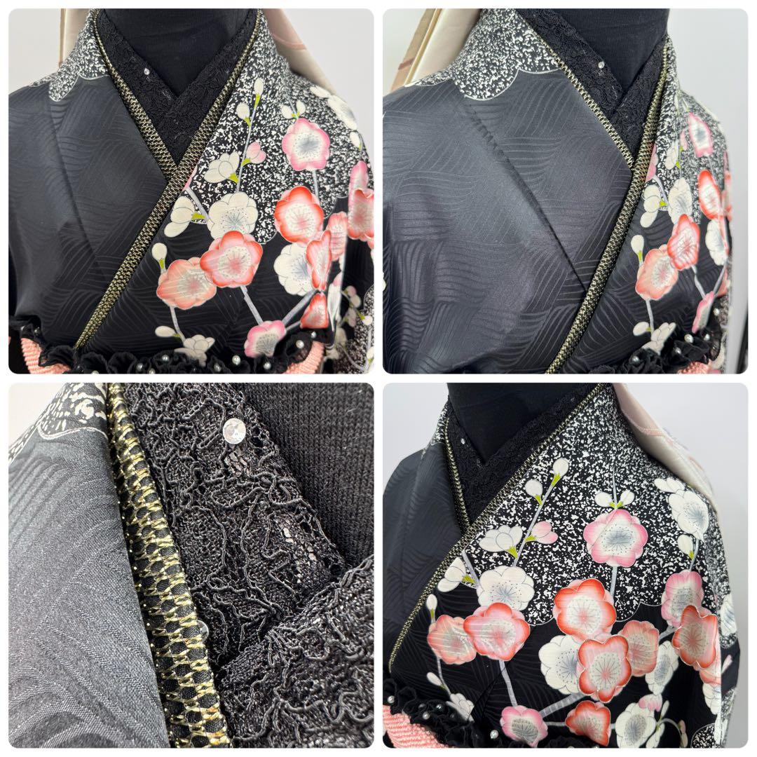 豪華振袖9点フルセット 地紋　銀駒刺繍　黒地　梅紋様　成人式　お正月　結婚式