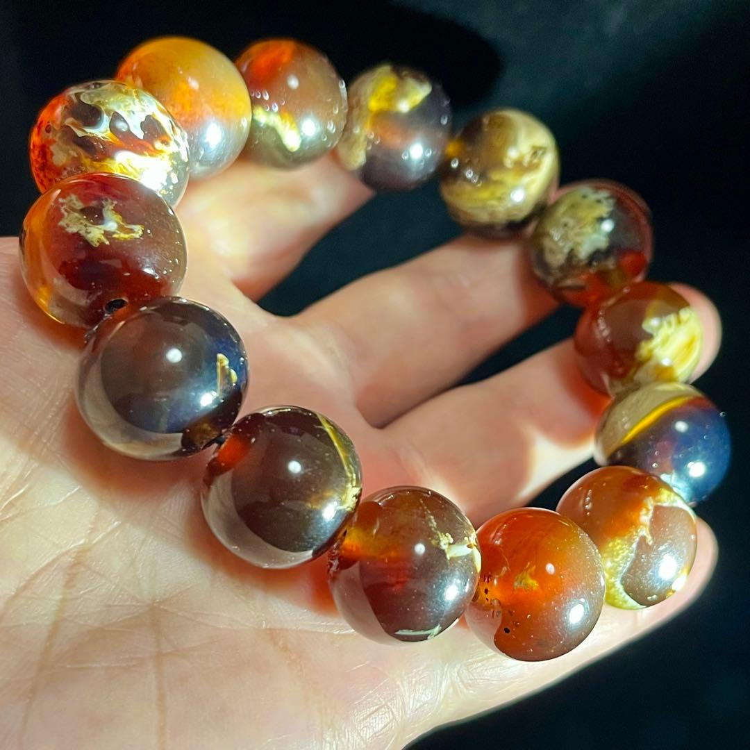 高品質 琥珀 17mmブルー レッド アンバー ブレスレット 守護石 化石