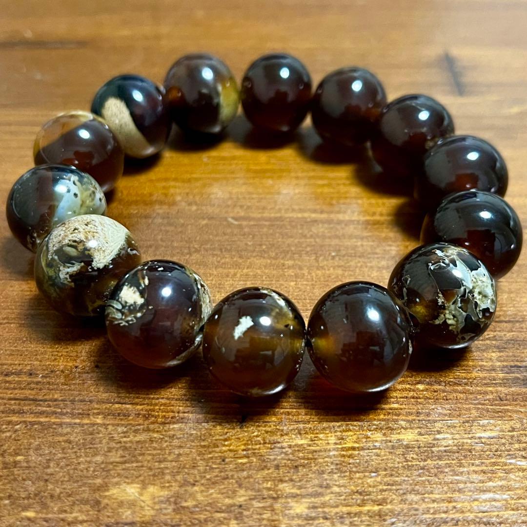 高品質 琥珀 17mmブルー レッド アンバー ブレスレット 守護石 化石