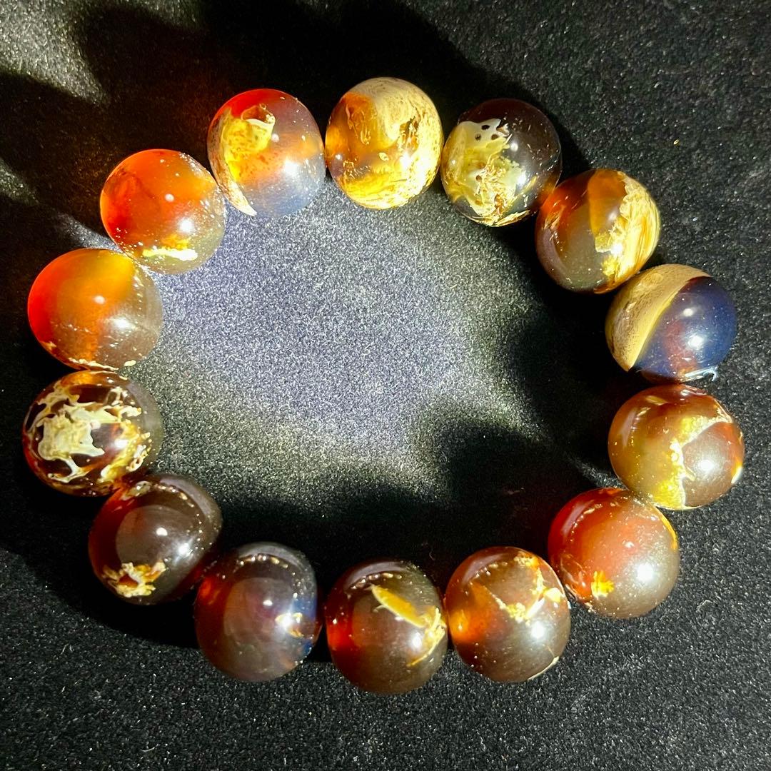 高品質 琥珀 17mmブルー レッド アンバー ブレスレット 守護石 化石