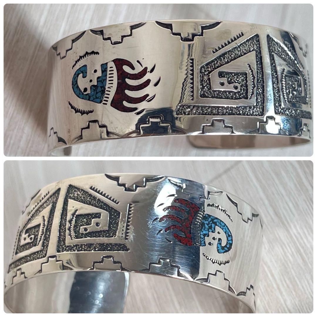 【美品】ナバホ インディアンジュエリー　バングル　インレイ　ベアパウ　Ray B