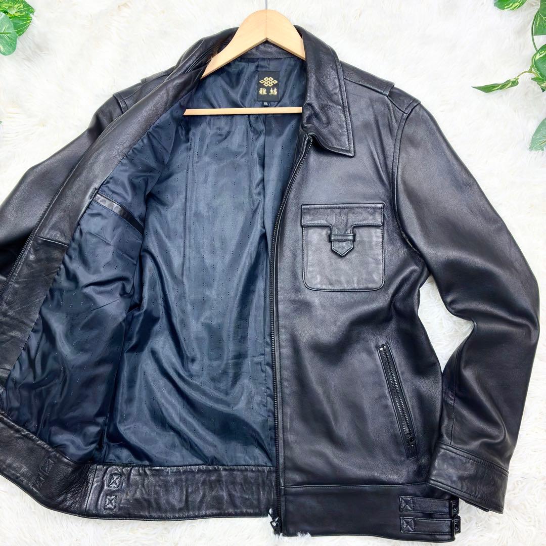 美品　雅結　和柄型押し　ラムレザー　シングルライダース　レザージャケット　XL