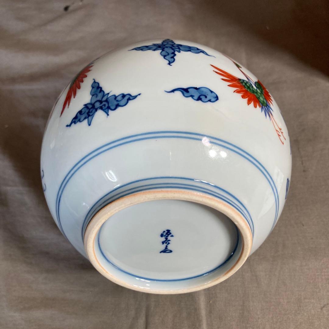 【源右衛門】古伊万里の伝統　日本の名窯　舘林源右衛門作　染錦舞鶴文　鶴首花瓶