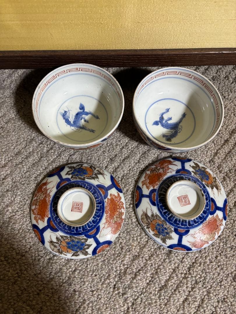 古伊万里色絵金彩蓋茶碗 江戸〜明治期 蓋付き御茶碗 麒麟 銘あり 染付 骨董品