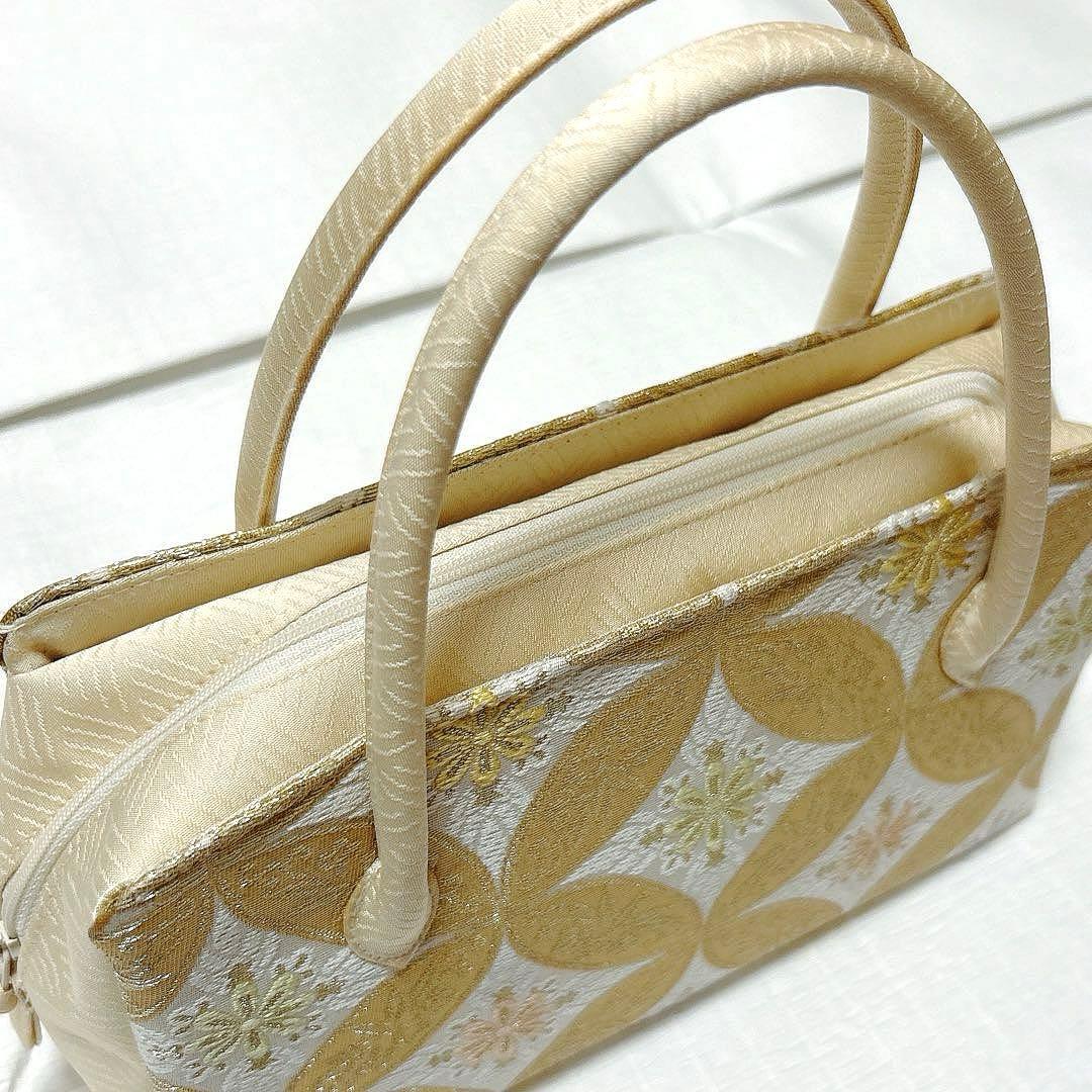 利休バッグ　七宝　正絹　金糸　アイボリー　クリーム系　美品