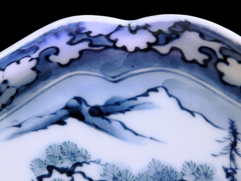 平戸　伊万里　染付　山水紋の図　菱形変形皿　５客　D272AS-fbqc