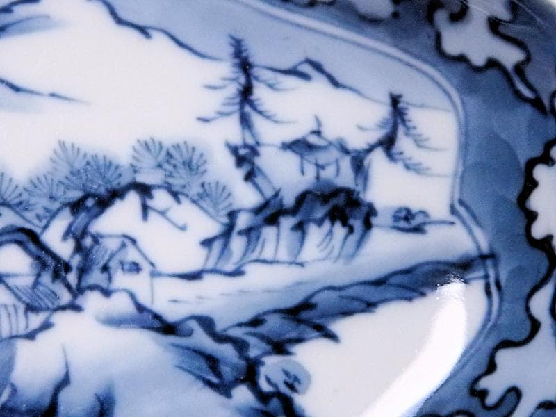 平戸　伊万里　染付　山水紋の図　菱形変形皿　５客　D272AS-fbqc