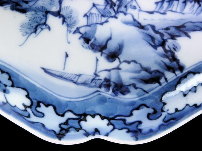 平戸　伊万里　染付　山水紋の図　菱形変形皿　５客　D272AS-fbqc