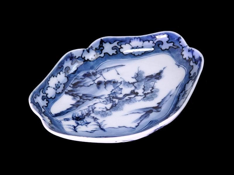 平戸　伊万里　染付　山水紋の図　菱形変形皿　５客　D272AS-fbqc