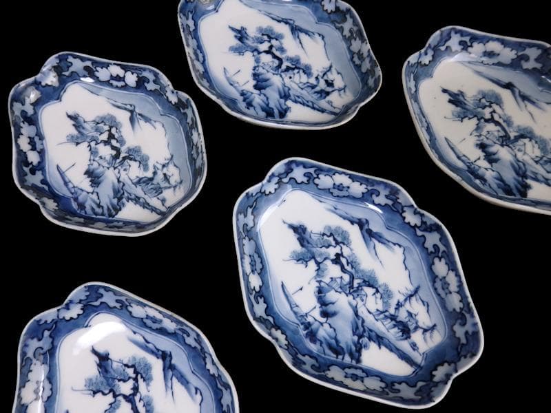 平戸　伊万里　染付　山水紋の図　菱形変形皿　５客　D272AS-fbqc