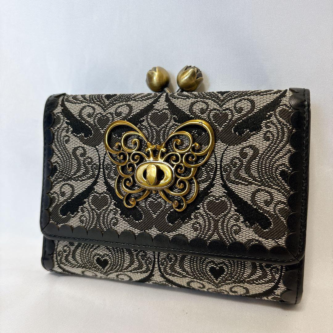 【美品】アナスイ ウォールハート ブラック がま口 折り財布 バタフライ