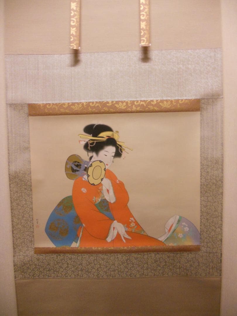 掛け軸 上村松園 『 鼓の音 』 美人画 名品 複製 希少 茶道具 掛軸 新品