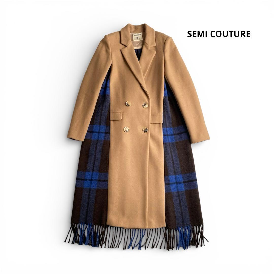 セミクチュール ダブルブレストチェスターコート チェック 青 ブルー ドッキング