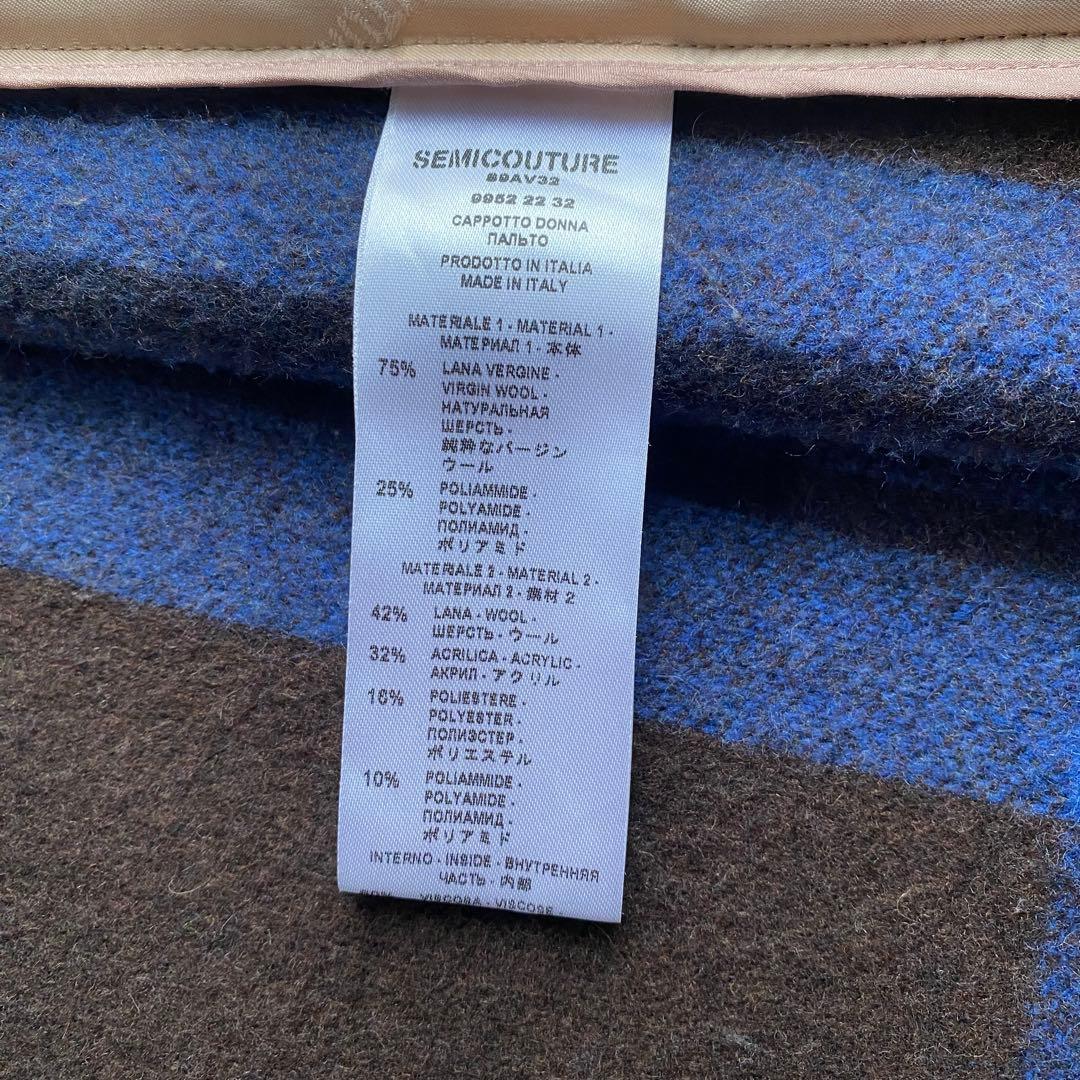 セミクチュール ダブルブレストチェスターコート チェック 青 ブルー ドッキング