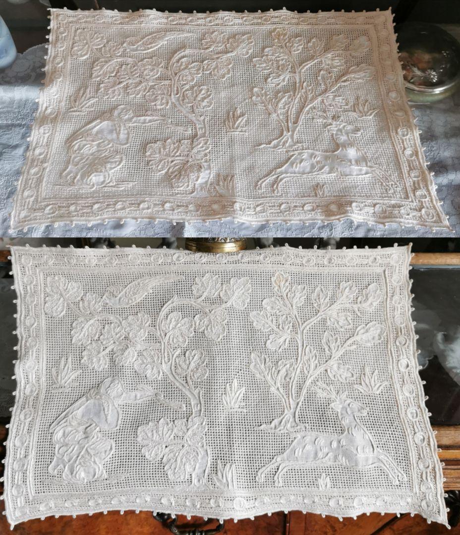アンティークイタリア ブラットレース刺繍マット 神話の人物と男鹿と鳥 森林 古典