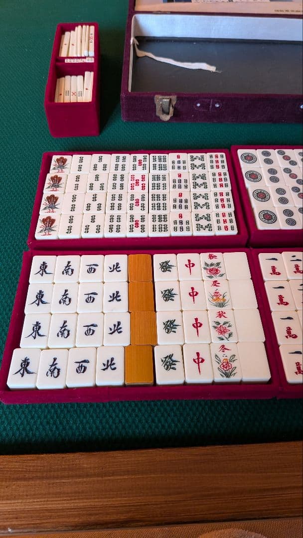 鶴一索　ミズノ丸一　ひまわり　背緑　27mm　＆東京麻雀　竹牌　チップ　セット