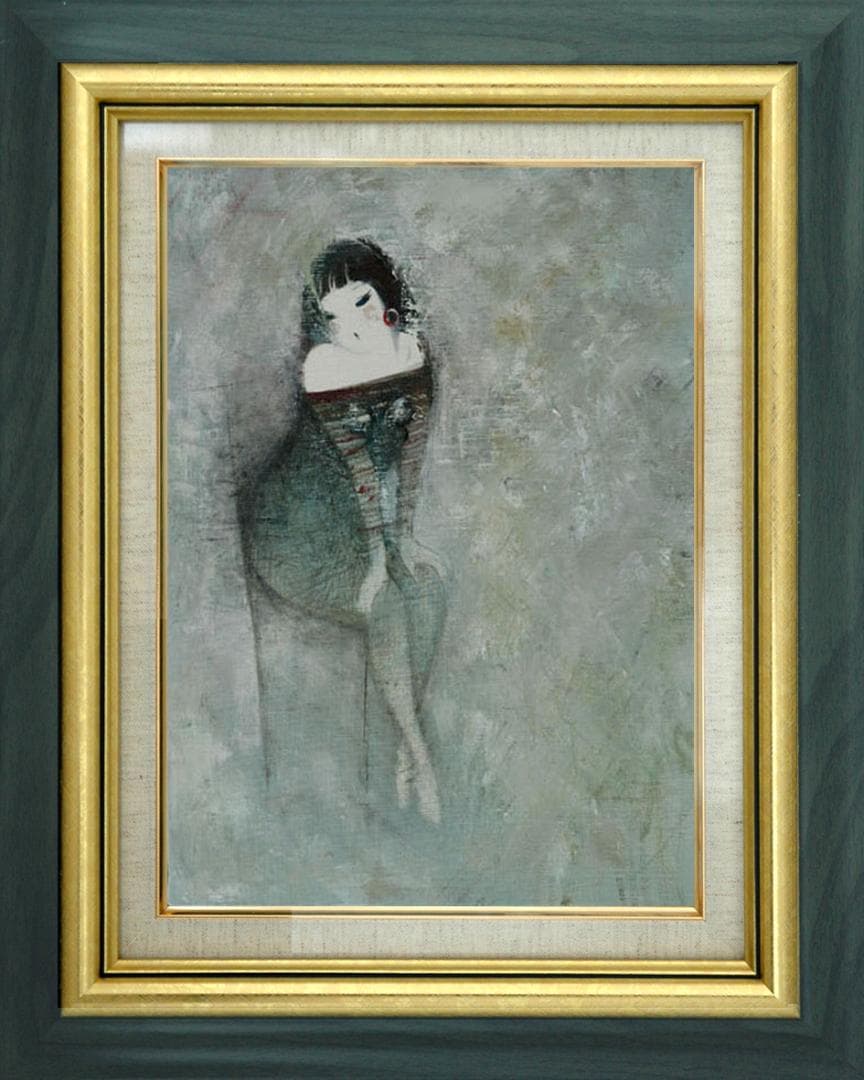 油絵 菅家令子 絵 絵画インテリア額付(青緑＋金色の枠) F6-081012女性