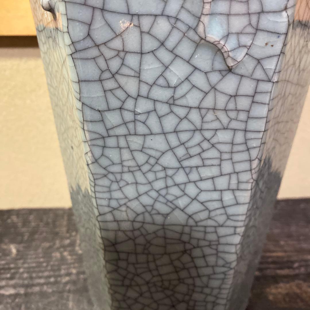 中国古玩　青磁山葡萄文面取花生　31cm13cm