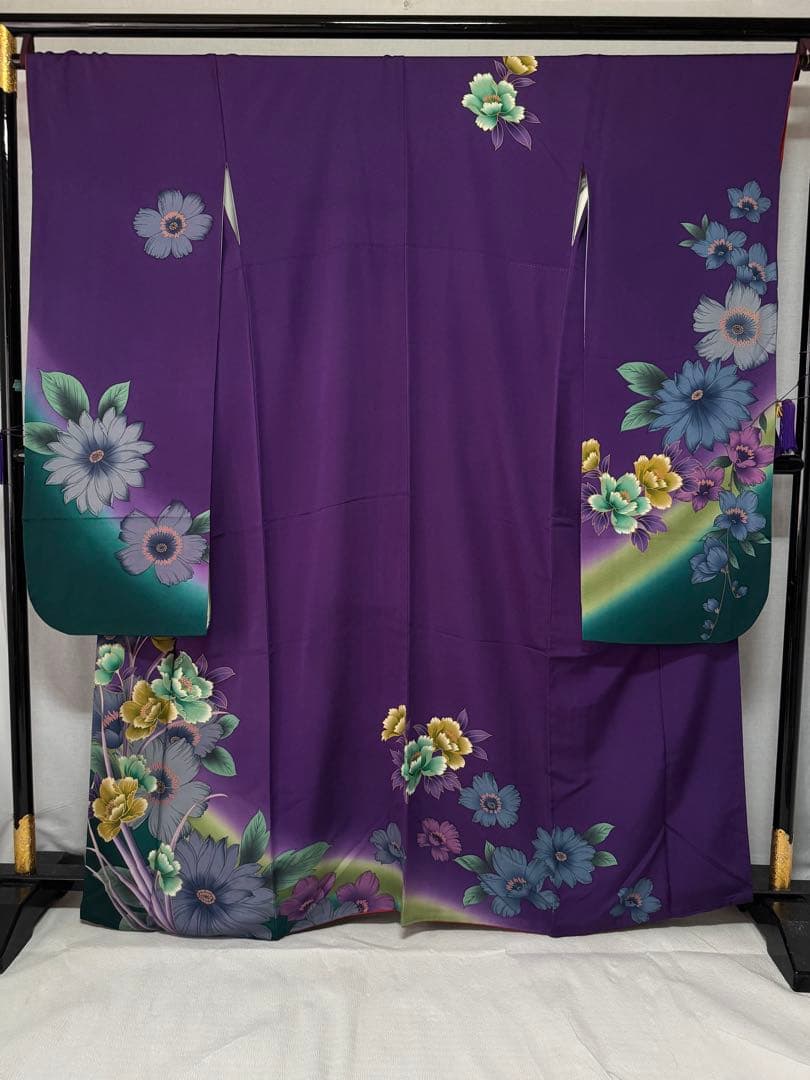 [美品] ヴィンテージ　本振袖　正絹　紫　緑　高身長　成人式　結婚式　礼装